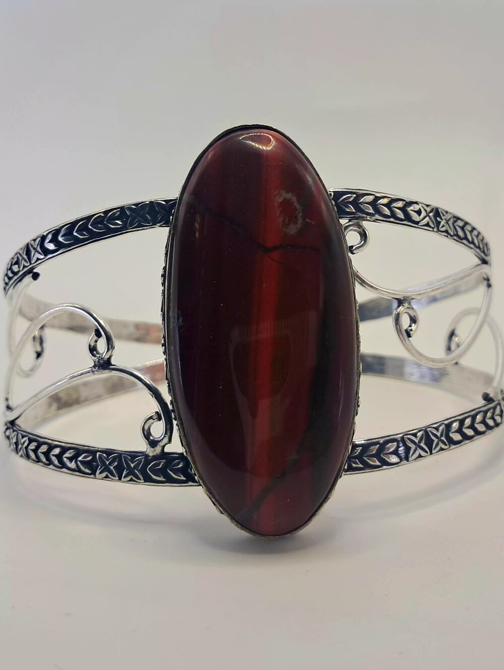 Vintage 925 Sterling Silver Red Tiger's Eye Oval Statement Cuff Bracelet - Picture 2 of 11